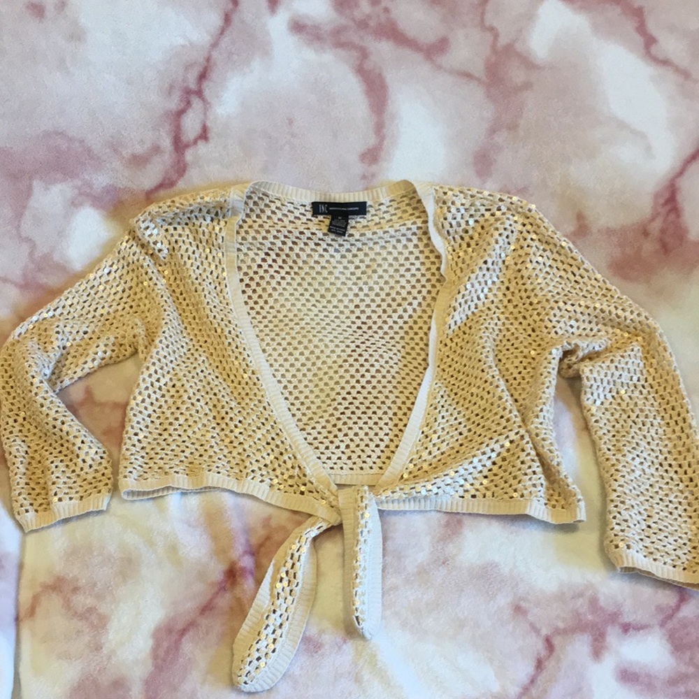 INC Beige crochet Shimmer Sequined Jacket Size Medium, Resale excellent shape